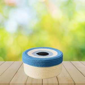 Cesta de Yute y Algodón a Rayas, Tejida a Mano, con Tapa, Redonda, Multiusos, para Sala de Estar, Oficina, Cocina - Product Image 3