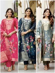 Ensemble Kurti en coton Chanderi tissé avec motif imprimé et bas en viscose Gadhwal 38 pouces – Vente en gros de mode - Product Image 4
