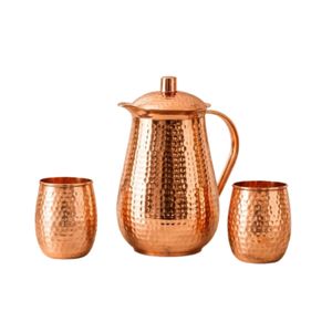 Pichet à eau en cuivre martelé avec ensemble de gobelets - Ensemble de carafe et de tasses en cuivre pur pour la santé ayurvédique, la maison et l'hôtellerie - Product Image 1