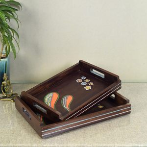 Royal Designed Wooden <b>Serving</b> <b>Tray</b> Handcrafted <b>Wood</b> Madhubani Art Square <b>Serving</b> <b>Trays</b> Available At Best and Lower Price - Product Image 3