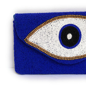 Blue Eye Beaded Boho Style Clutch <b>Bag</b> Handmade Durable Purse with Gold Chain Protection Charm Party or Wedding <b>Gift</b> - Product Image 3