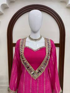 Conjunto Tradicional Indio-Pakistaní Rosa, Top Largo, Pantalones Palazzo Plisados, Diseño Bordado con Cuello en V, Traje de Boda para Mujer, Zari Dorado - Product Image 6