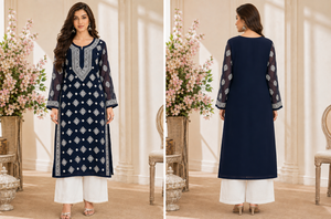 Best Selling Navy Blue Georgette <b>Chikankari</b> Embroidered Straight Kurti for Women Traditional Lucknowi Ethnic Wear Wholesale - Product Image 4