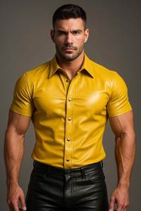 Men's Yellow <b>Leather</b> Look Short Sleeve <b>Dress</b> Shirt Turn Down Collar Solid Color Formal Summer Wear - Product Image 4