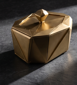 Boîte à fruits secs de luxe géométrique dorée, conteneur de rangement en métal à facettes polygonales pour dattes avec couvercle à bouton diamanté, cadeau d'entreprise en étain - Product Image 2
