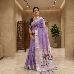 Sari de algodón morado con diseño de pájaros y flores, tradicional para mujer, estilo indio, largo hasta el suelo, sin arrugas - Product Image 1