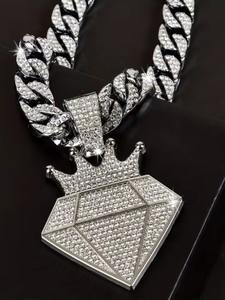 Cadena Cubana de Oro Blanco de 10K con Corona y Piedras, Cadena Real, Cadena Cubana con Piedras de la Riqueza del Rey, Collar con Corona Imperial y Piedras, Cadena Hip Hop - Product Image 2