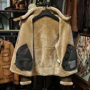En stock, veste bomber B3 pour homme, en cuir d'agneau véritable avec doublure en peau de mouton, veste de moto épaisse de style locomotive - Product Image 3