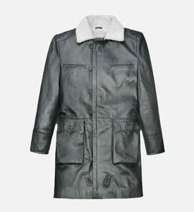 Manteau long en cuir véritable noir pour femme, col en fausse fourrure, fermeture à boutons, poches plaquées, parka d'hiver - Product Image 2