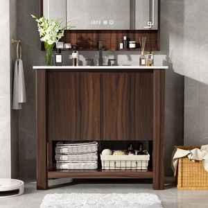 36 \ "lavello in ceramica rettangolare da bagno moderno con grande portaoggetti a manico libero a 45 gradi con chiusura morbida 1 ripiano aperto - Product Image 1
