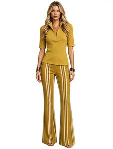 Ensemble long 2 pièces pour femme, haut à col montant zippé couleur moutarde, pantalon évasé rayé - Product Image 1
