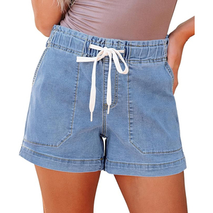 Shorts en jean taille haute pour femme, couleur unie, avec cordon de serrage, style décontracté d'été, bleu clair, coupe droite, en tissu de coton délavé - Product Image 1