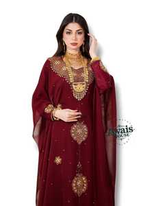 Awais House - Abaya Kaftan Bordada Color Granate para Mujer, Poliéster, Manga Larga, Largo hasta el Suelo, Transpirable, Color Sólido, Corte Regular, Elegante - Product Image 6