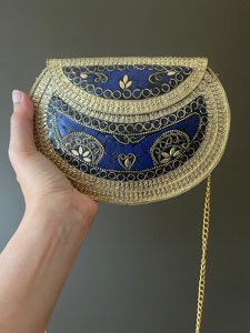 Gold & Blue Embellished Mosaic Clutch Sling Bag for Women Ethnic Party Wear <b>Purse</b> with Chain - Product Image 2
