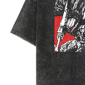 Washed <b>Black</b> Cotton T-Shirt Men Round Neck Short Sleeve Casual Shirt With <b>Red</b> Graphic Print Front Street Style Summer <b>Top</b> - Product Image 4