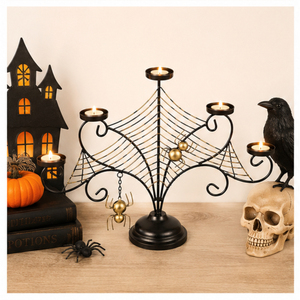 Candélabre en métal toile d'araignée à 5 bras, fait main, noir et or, centre de table d'Halloween pour une décoration gothique effrayante - Product Image 2