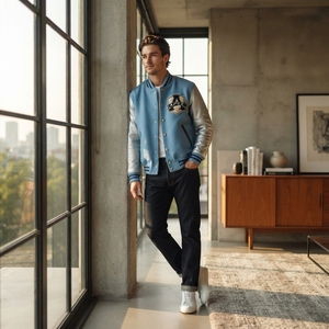 Veste universitaire personnalisée en laine bleu clair avec manches argentées, patch brodé et boutons-pression, style universitaire - Product Image 4