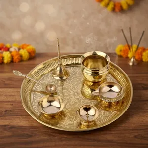 Juego de Thali de Metal Premium para Pooja con Grabado Floral Intrincado, Bandeja Redonda Dorada para Oración con Campana Decorativa y Cuencos Kalash - Product Image 5