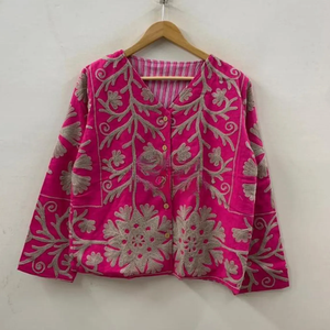 Suzani เสื้อแจ็กเก็ตปักกำมะหยี่สีชมพู, เสื้อแจ็กเก็ตใส่ได้ทั้งชายและหญิงของขวัญเพื่อนเจ้าสาว | เสื้อคลุมฤดูหนาว | ชุดกิโมโน - Product Image 1