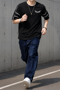 Men's <b>Black</b> Short Sleeve T-<b>Shirt</b> with Wing Logo Contrast Trim Casual O-Neck Jersey Fit Regular Length Solid <b>Silk</b> Screen Printing - Product Image 4