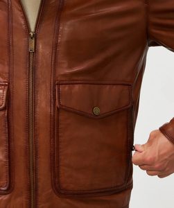 Veste en cuir marron pour homme, col rabattu, fermeture éclair, style décontracté, pour l'automne, manches classiques, couleur unie - Product Image 6