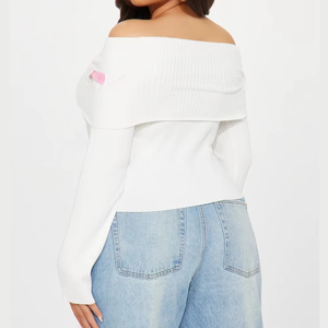 Pull côtelé pour femme à épaules dénudées, col plissé décoré, 100% coton, style mode, collection printemps, OEM, vente en gros - Product Image 6