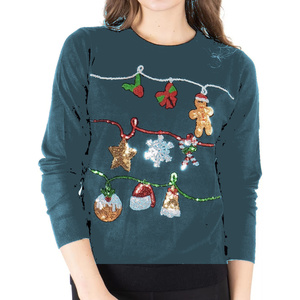 Christmas Holiday Sequin Applique Crewneck Pullover Women Long Sleeve Knitted Winter Warm Festive Party Casual Green <b>Sweatshirt</b> - Product Image 1