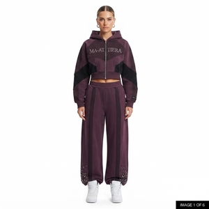 <b>Women</b> Two Piece Zip Up Hooded Tracksuit Set Color Block Crop Hoodie Wide Leg <b>Jogger</b> Pants Rhinestone Detail - Product Image 1