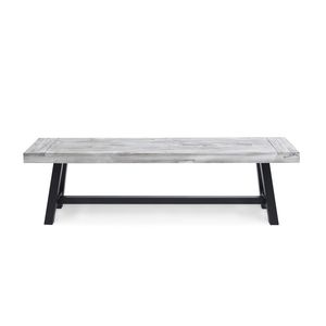 Panca da pranzo in legno di acacia grigio chiaro con finitura sabbiata e telaio in metallo nero rustico, panche da patio - Product Image 2