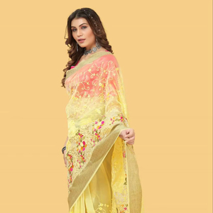 Sari en soie organza élégant – Broderie au fil et bordure tissée Zari & Blouse de créateur - Product Image 1