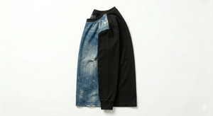 Men's Denim Washed <b>Patchwork</b> with Pattern Long Sleeve T-<b>Shirt</b> Crew Neck Ripped Streetwear Casual Tee - Product Image 3
