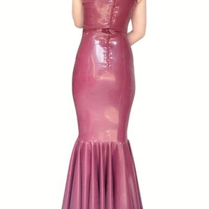 One Shoulder PU Leather Midi <b>Dress</b> With Ruffles Mermaid Hem Bodycon Fit Party Wear Sleeveless Solid Color Sexy Style - Product Image 4