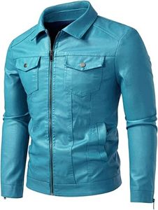 Veste en cuir PU turquoise pour homme, style motard, col rabattu, fermeture éclair, coupe ajustée, longueur normale, couleur unie - Product Image 2