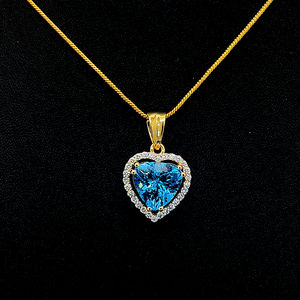 Designer heart shaped <b>blue</b> gemstone pendant with sparkling halo stones elegant luxury <b>necklace</b> jewelry collection for women - Product Image 1