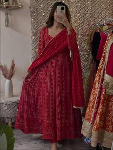 Export Quality Anarkali Gown <b>3</b> <b>piece</b> <b>Suit</b> Set Faux Blooming with Lakhnavi Embroidered Sequence Work Wedding Gown - Product Image 3