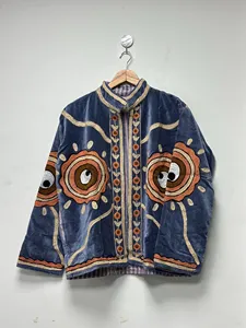 Veste en velours bleu premium brodée Suzani avec motif œil, manches longues, col montant, style bohème, manteau d'hiver pour femme - Product Image 5