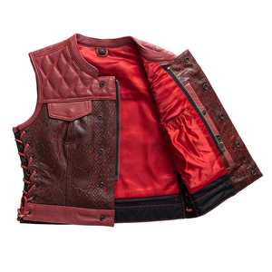 <b>Red</b> PU Leather Moto <b>Vest</b> <b>Men</b> Quilted Front Lace-Up Side Pockets Crew Neck Short Outerwear Autumn Biker Style - Product Image 3