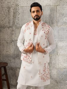 Sherwani bleu indo-occidental pour homme, tenue formelle, broderie florale perlée à la main, tenue de mariage et de fête - Product Image 6