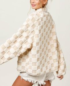 Premium Hot Selling <b>Women's</b> Cream Checkerboard <b>Sherpa</b> <b>Jacket</b> Embossed Grid Jacquard Snap Closure Patch Pockets Bound Edges OEM - Product Image 2