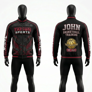 Veste d'entraînement de basketball pour hommes en polaire douce GSM, noire et rouge avec empiècements contrastants, impression par transfert thermique, broderie, logo personnalisé - Product Image 1