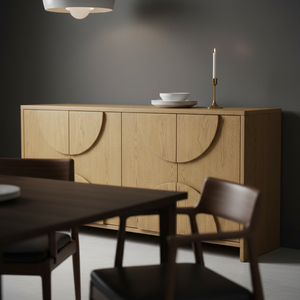 Buffet en bois moderne demi-cercle, meuble de rangement en bois à 4 portes avec panneau en arc, design moderne en arc - Product Image 5