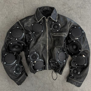 Men's Genuine Leather Jacket With Built-in <b>Speakers</b> Biker Style Turn-down Collar Zipper Closure Leather Jacket For Men's 2026 - Product Image 4