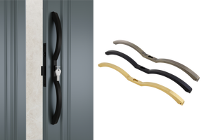 Juego de manillas modernas de aluminio curvado para puerta de entrada con cerradura, cuerpo de rodillo, cilindro de llave, acabado en negro seda, PVD dorado AB y herrajes mate. - Product Image 2