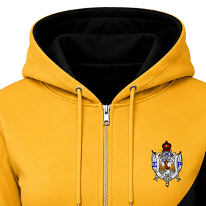 Sudadera con capucha para mujer, personalizada, dorada y negra, con 2 paneles cruzados, cremallera completa, bloques de color, manga larga, informal, universitaria, deportiva - Product Image 4