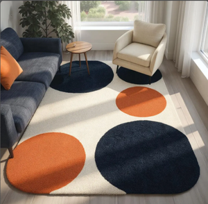 KNOTS RUG Modern Geometric Wool Area Rug Rectangle Navy Orange Cream Tufted Plush Non-Slip Eco-Friendly Fire Resistant High Rug - Product Image 1