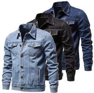Chaqueta Vaquera Slim Fit para Hombre, Cuello Camisero, Algodón Lavado Informal, Manga Regular, Estilo Invernal, Color Sólido, Cierre de Botones, Estilo Moto - Product Image 1