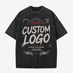 T-shirt Oversize da Uomo in Cotone Pesante con Stampa Grafica Vintage Streetwear, Logo Personalizzato, Effetto Acid Wash, Motivo <span class=keywords><strong>Filo</strong></span> Spinato e Tribale - Product Image 1