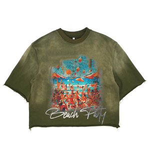 T-shirt court ample 100 % coton épais, délavé à l'acide, effet soleil, thermique, épaules tombantes, streetwear, sérigraphie, pour hommes - Product Image 4
