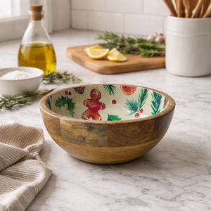 ชามเคลือบเงาธรรมชาติลายขนมปังขิง  ช้อนส้อมไม้มะม่วงแกะสลักด้วยมือ เป็นมิตรกับสิ่งแวดล้อม  ชุดอุปกรณ์เสิร์ฟสลัดจากไม้ธรรมชาติสำหรับใช้ในครัว - Product Image 6