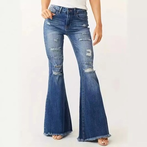 OEM Design Women Distressed Flared Jeans High Waist Ripped <b>Bell</b> Bottom Denim Pants Baggy Stretchy Trousers - Product Image 5